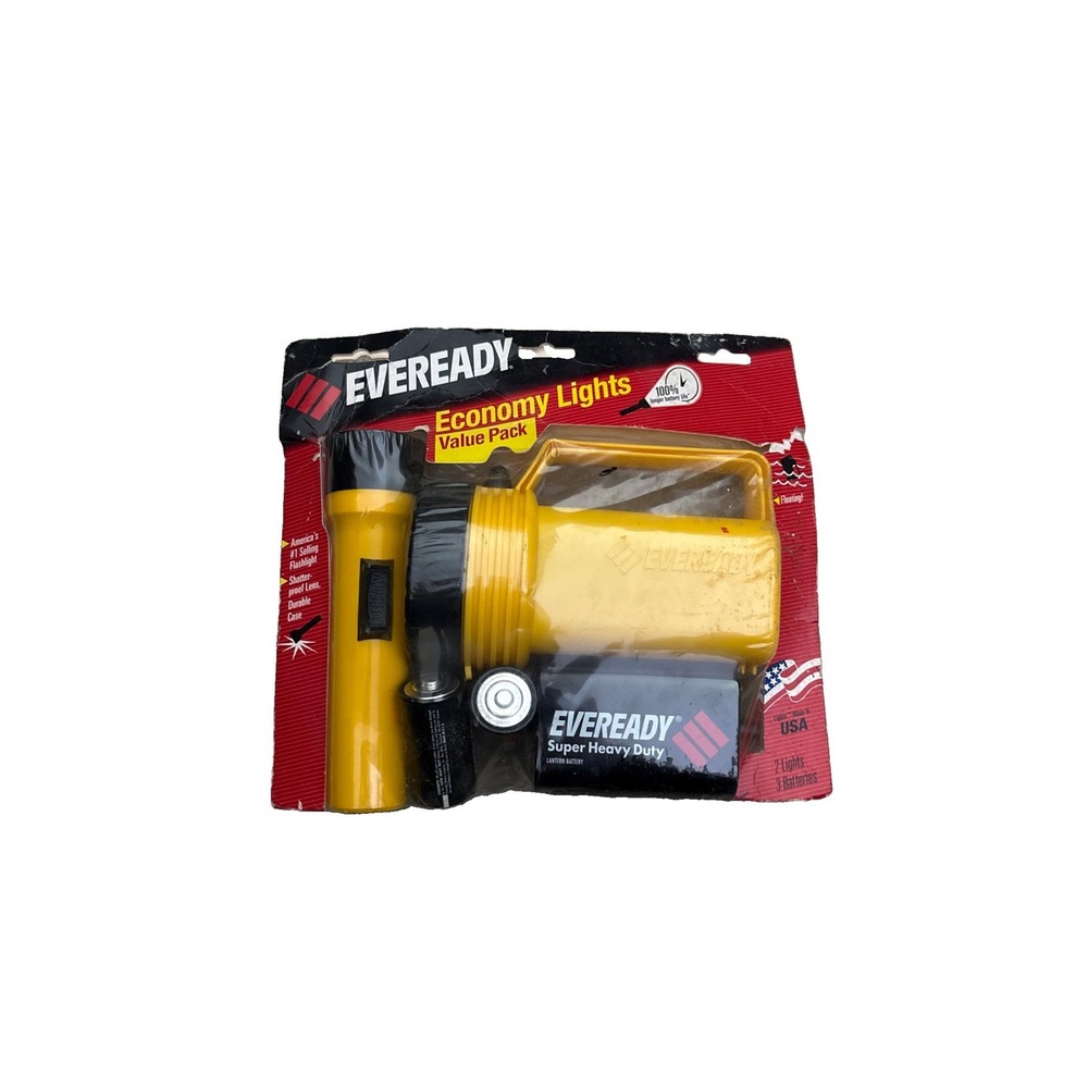 90s Eveready Rugged Yellow Lantern Heavy Duty Floating 6V Flashlight Set NOS